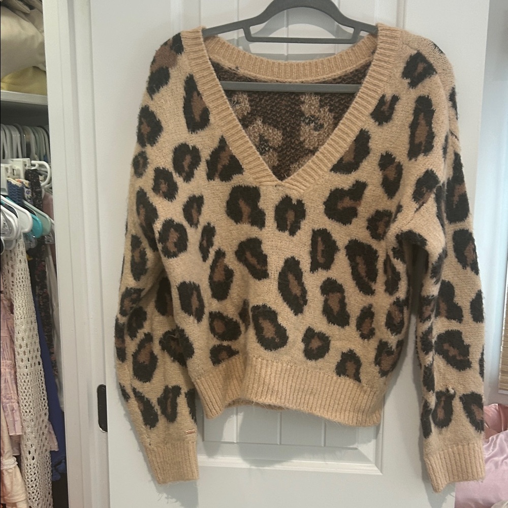 PINK Victoria's Secret Tan and Black Leopard V-Neck Sweater